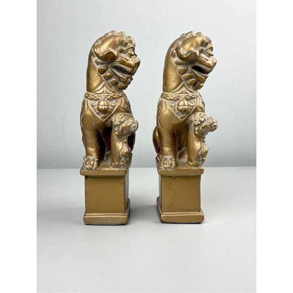 Pair of Chinese Foo Dog with Puppy 11in Gold Chalkware Figurines Statues - Picture 3 of 6